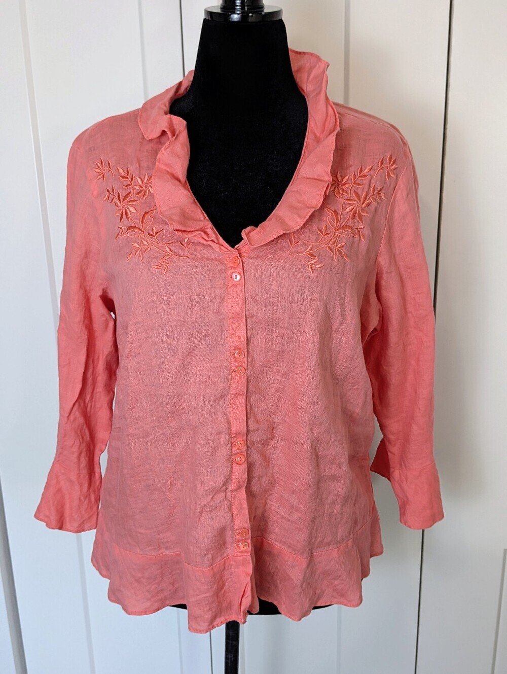 Liz Claiborne RUFFLED Neck TOP 100% LINEN sz XL CORAL ORANGE melon 3/4 Sleeves
